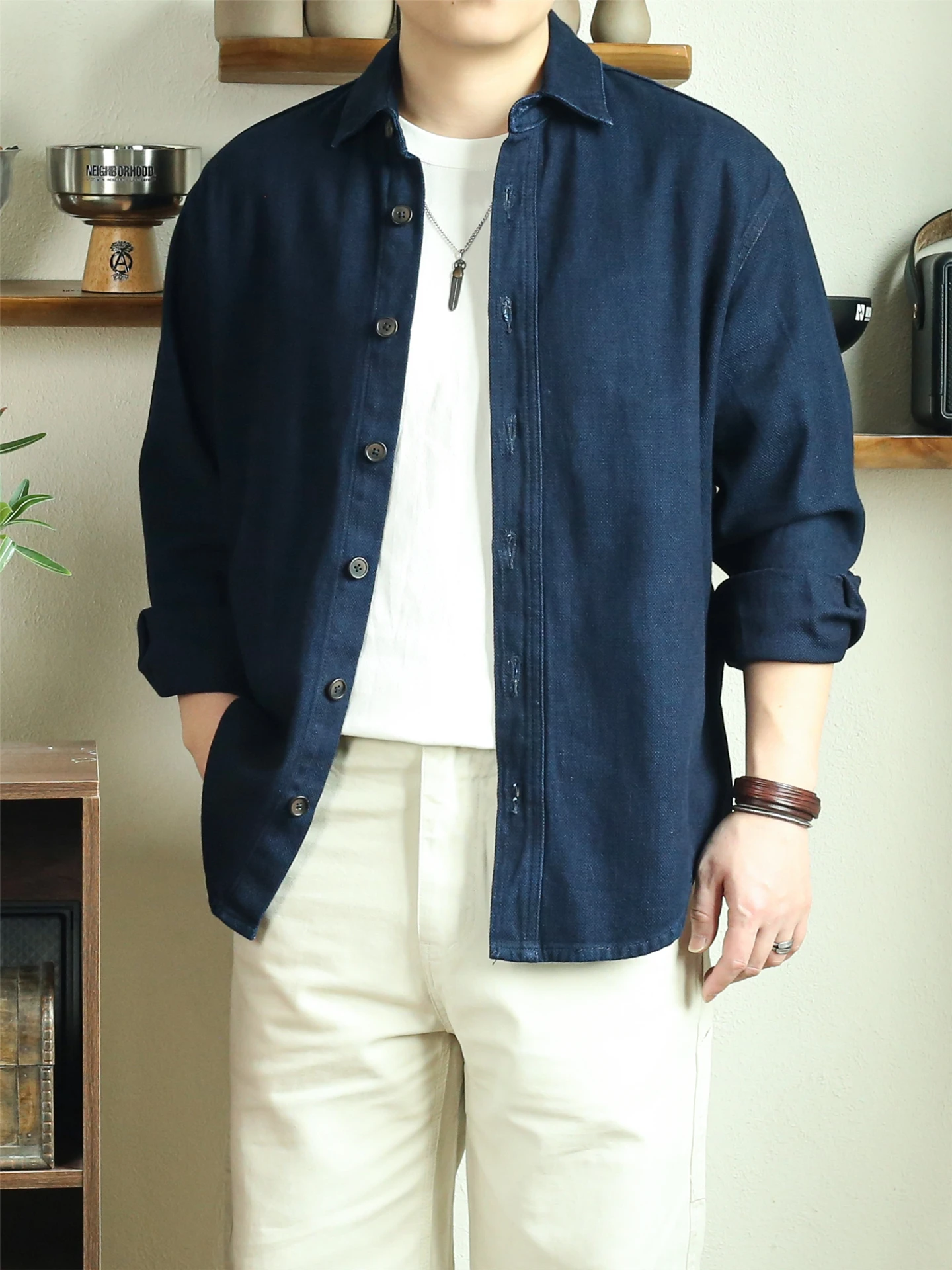 

Retro American Blue Dye Cotton Casual irt Long Sve Loose Fit Deep Blue Denim Men's Women's Sle Autumn Wear Resistant