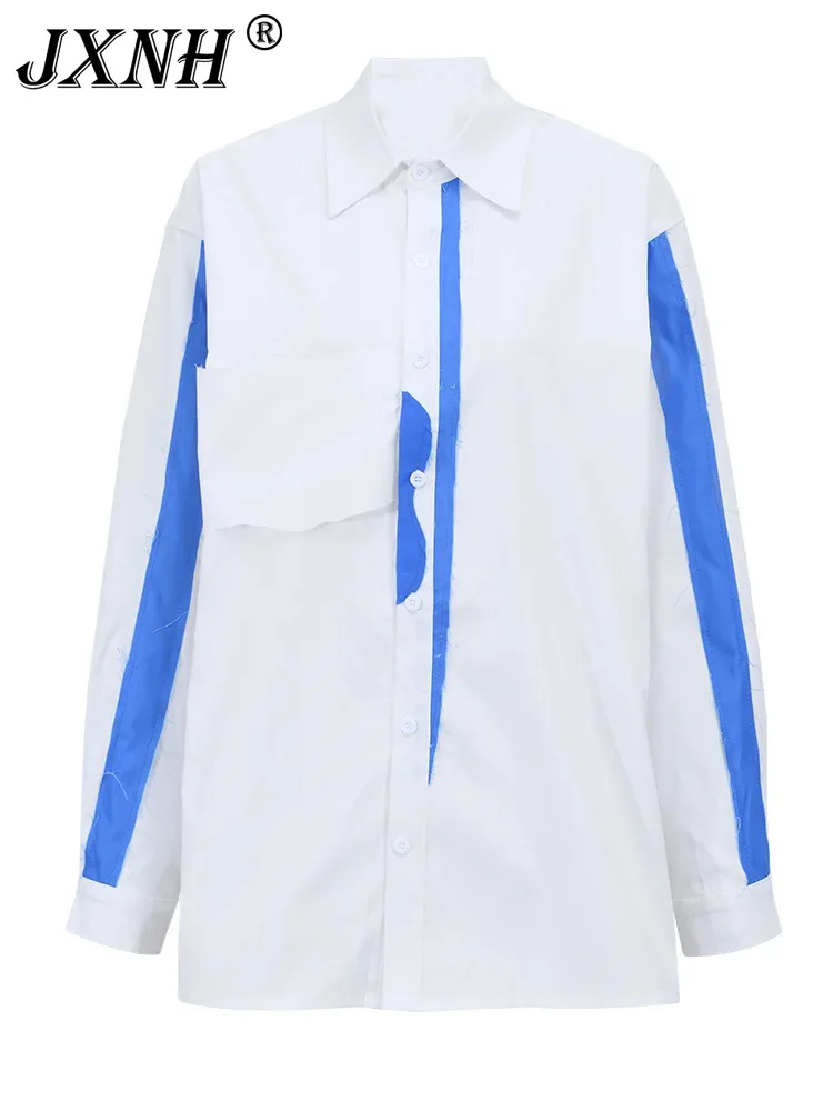 

White Color-block Blouse Women Big Size Casual New Lapel Long Sleeve Loose Fit Shirt Fashion Spring Autumn 2024