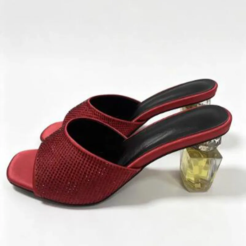 Red Black Satin Crystal Rhinestone Square Open Toe High Heel Mules Perfume Shape Heels Modern Slippers Women Sandals Shoes