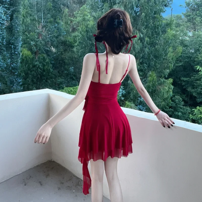 

Korean A-Line Skirt High Waist Slim Strapless Dresses White Sexy Pleated Irregular Short Dress Women Summer Mini Dress Y2k