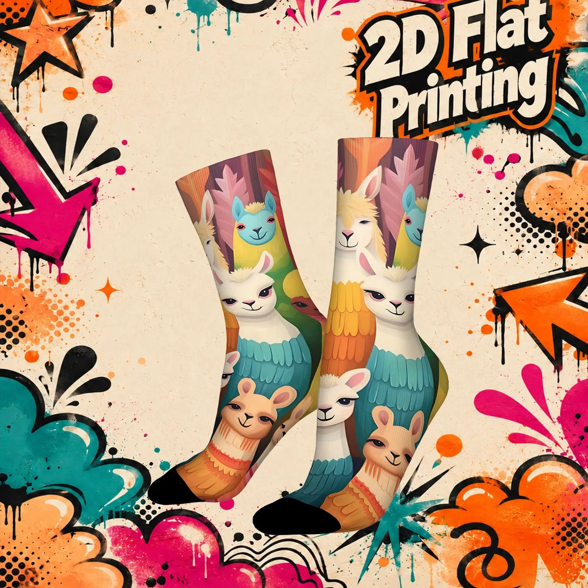 Llama Adventure Art Print Retro  Street Style Novelty Seamless Crew Creative Sock Sports Socks