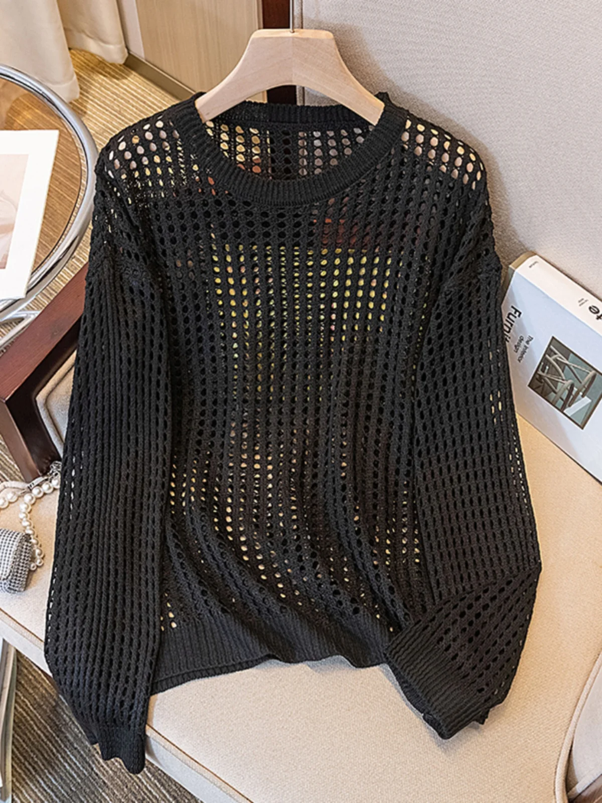 

Вязаный топ для похудения с вырезами, с длинными рукавами, женская верхняя одежда, летняя, больших размеров, для полных женщин, легкий сетчатый трикотаж в корейском стиле