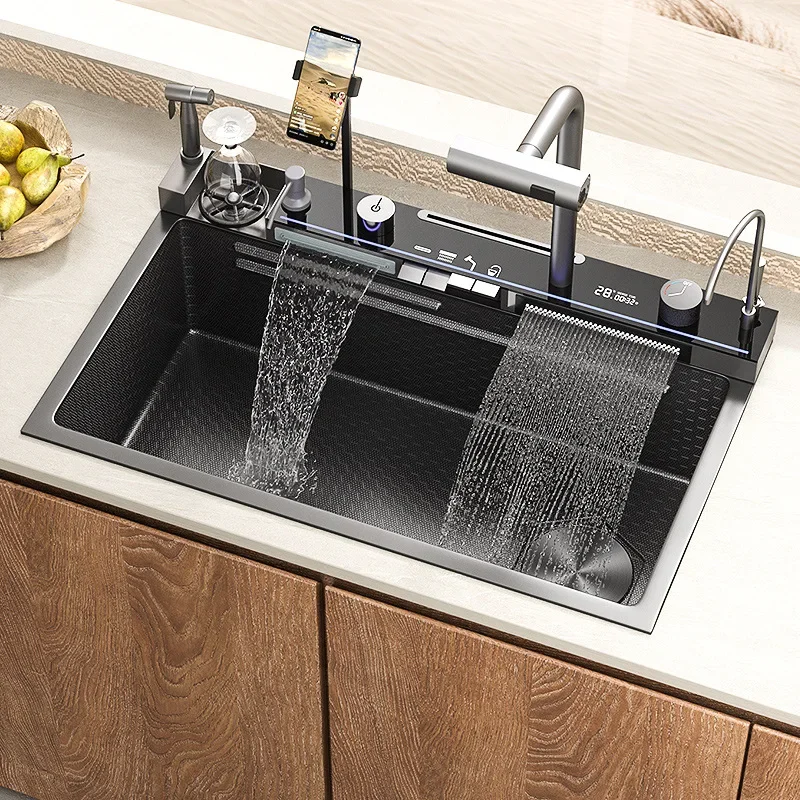 

Kitchen 304 Stainless Steel Waterfall Sink, Large Single Slot, Digital Display Embossed Washing Basin Household Dishwashing Sink