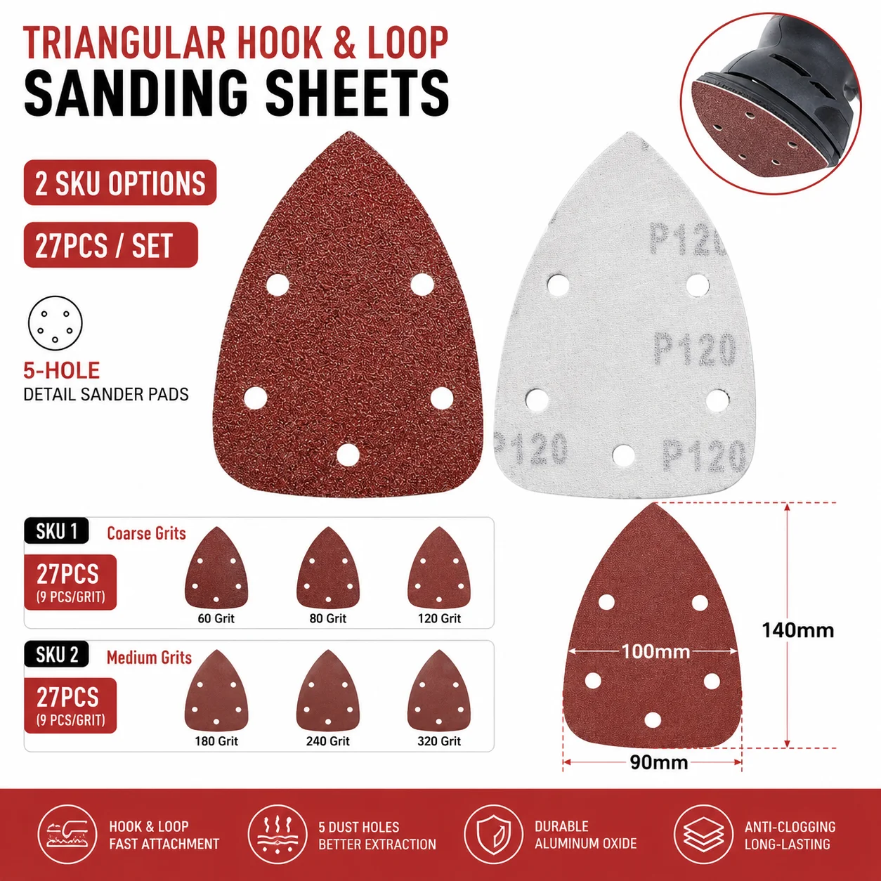 27PCS Triangle Sandpaper Pads Hook Loop Mouse Sander Sheets 60-320 Grit for Wood Metal Polishing