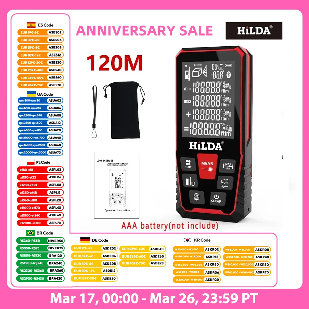 HILDA лазерный дальномер 50 м/100 м/120 м Профессиональный дальномер лазерный дальномер линейка тестовый инструмент