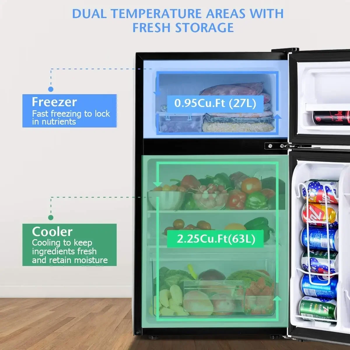 COSTWAY Compact Refrigerator, 3.2 cu ft. Unit 2-Door Mini Freezer Cooler Fridge with Reversible Door, Removable Glass Shelves