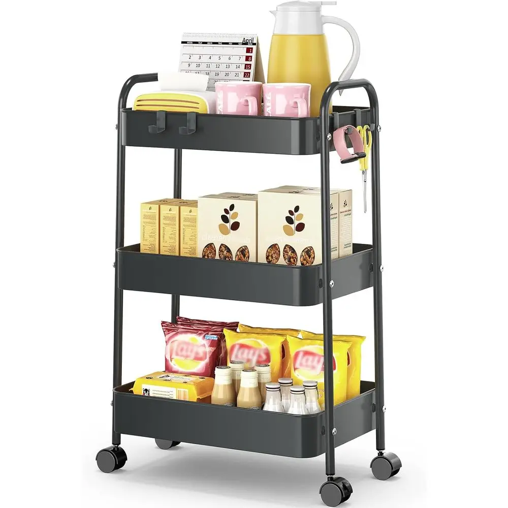

Трехуровневая металлическая передвижная тележка для хранения с крючками, мобильный органайзер для дома, офиса и учебных классов - черная