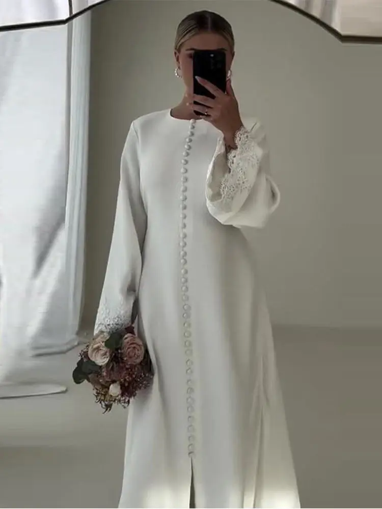 Fashion White O Neck Lace Splicing Dress Women Elegant Long Sleeve Single Breasted Split Fork Dresses 2024Summer Lady Streetwear