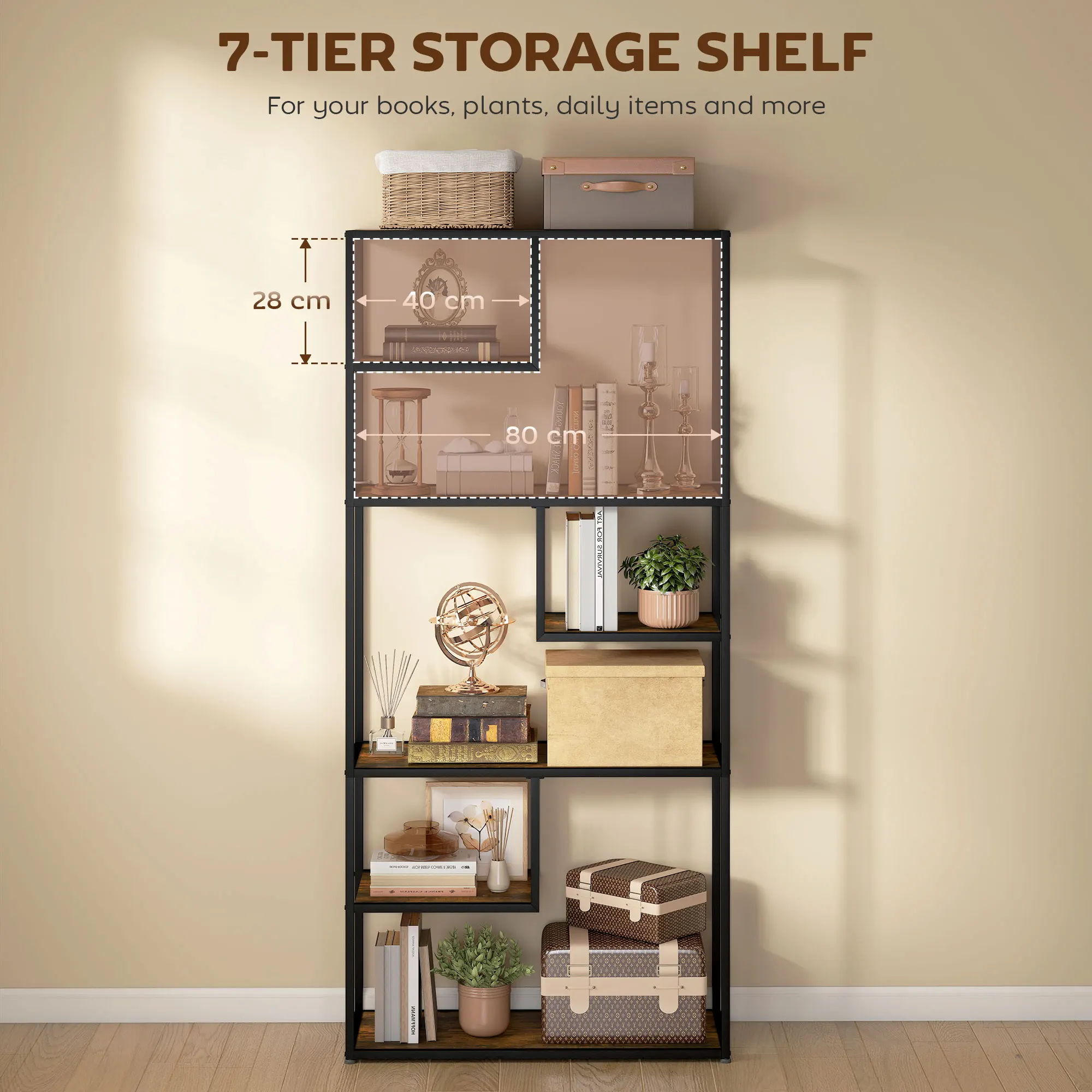 HOMCOM 6 Tier Storage Shelves, Free Standing Book Shelf for Study, Living Room