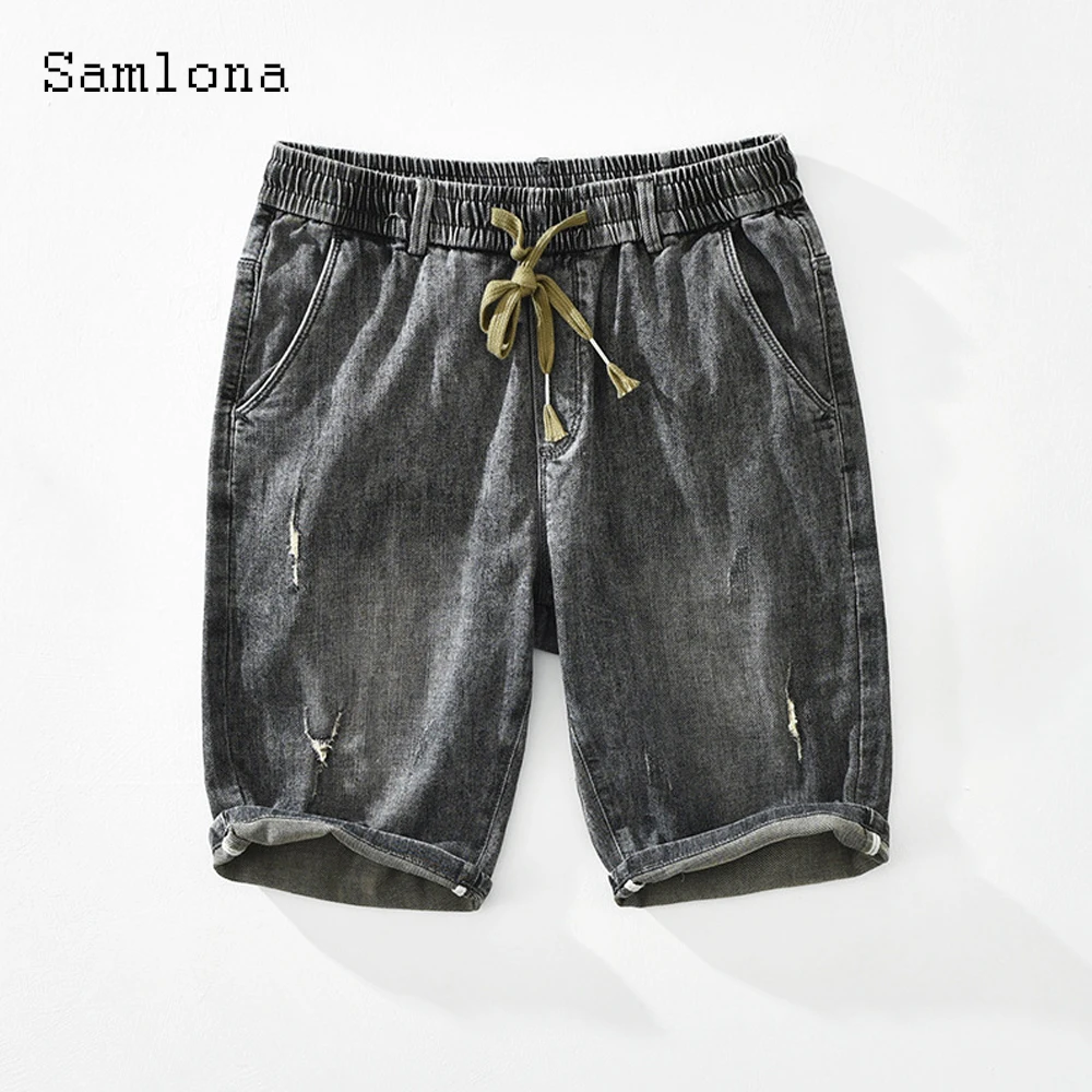 

Samlona Men Latest Demin Shorts 2022 Summer New Sexy Lace-up Shorts Plus size Male Fashion Ripped Demin Short Pants Grey Blue