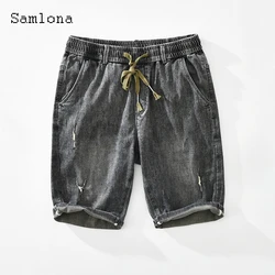 Samlona Men Latest Demin Shorts 2022 Summer New Sexy Lace-up Shorts Plus size Male Fashion Ripped Demin Short Pants Grey Blue