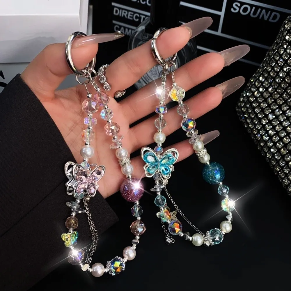 

Butterfly Crystal Bead Phone Strap Pearl Anti Loss Cell Phone Chain Wrist Chain Sparkling Mobile Phone Lanyard