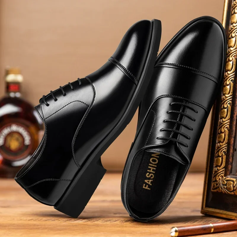 New Men 37-46 Men\'s Flat / 6CM Heightening Elevator Shoes Business Formal Leather Shoes Man British Casual Wedding Suit Shoes