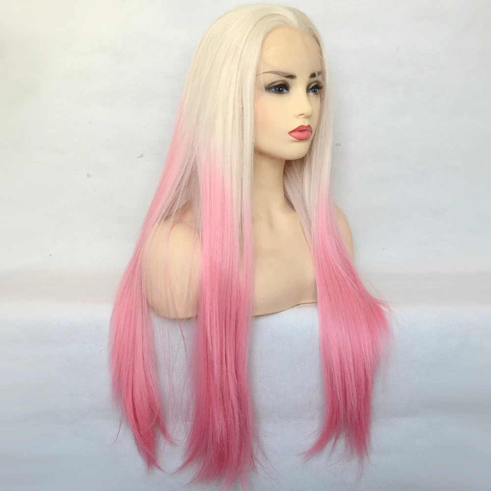 Voguequeen Straight Blonde To Pink Ombre Synthetic Lace Front Silky Wig  Heat Resistant Fiber Cosplay For Women