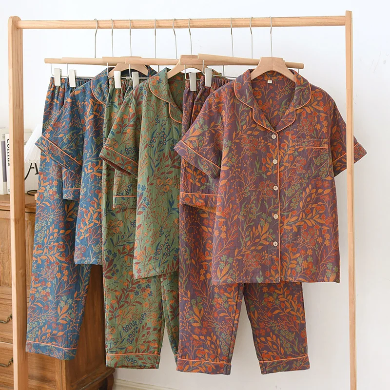 

2026 New Spring and Autumn Women's Pajama Set 100% Cotton Retro Color Woven Home Clothes Long Sleeve Long Pants 3 Piece Set