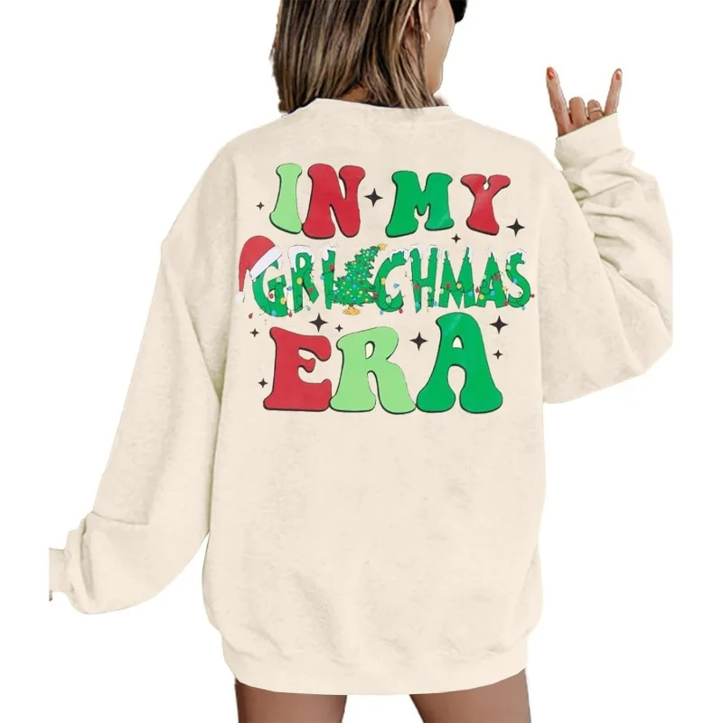 

Women's Christmas sweatshirt Happy Era long sleeved family holiday party round neck pullover