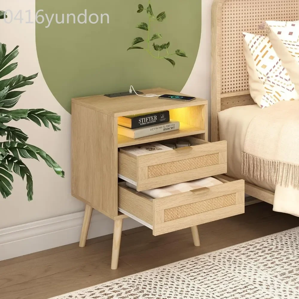 

Rattan Nightstands Set with Charging Station and Led Lights, End Tables with 2 Drawers and Wood Legs, Bedside Tables