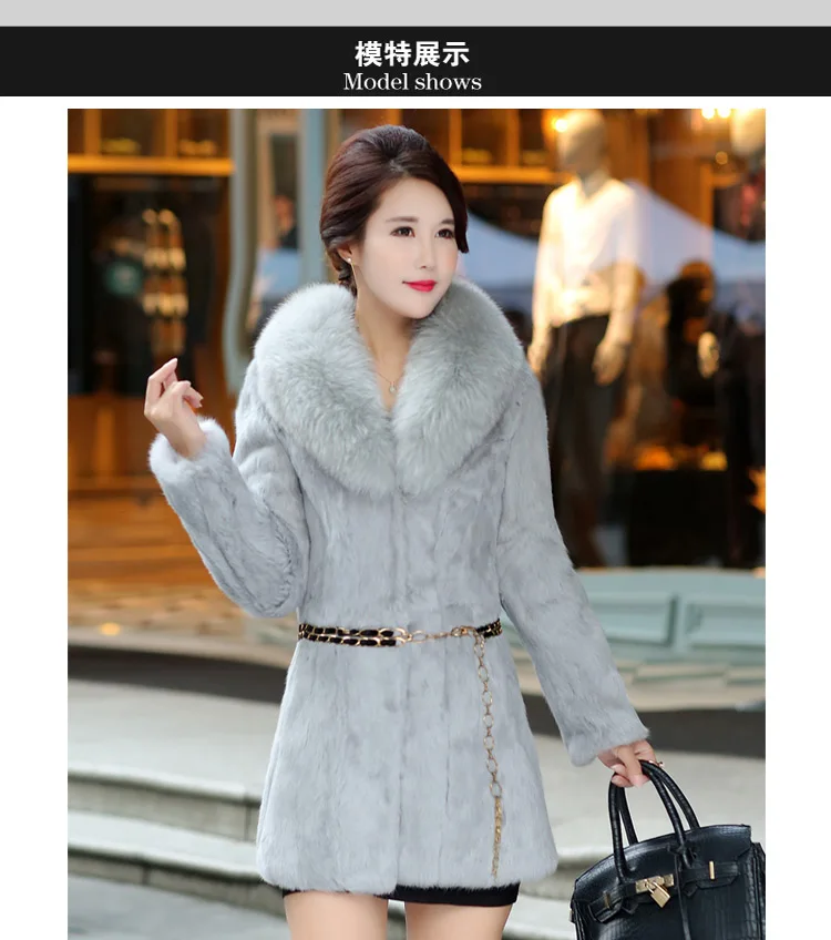 Hot sale women winter long style 100% real rabbit fur coat with fox fur collar Warm thick rabbit fur jacket Female real fur coat