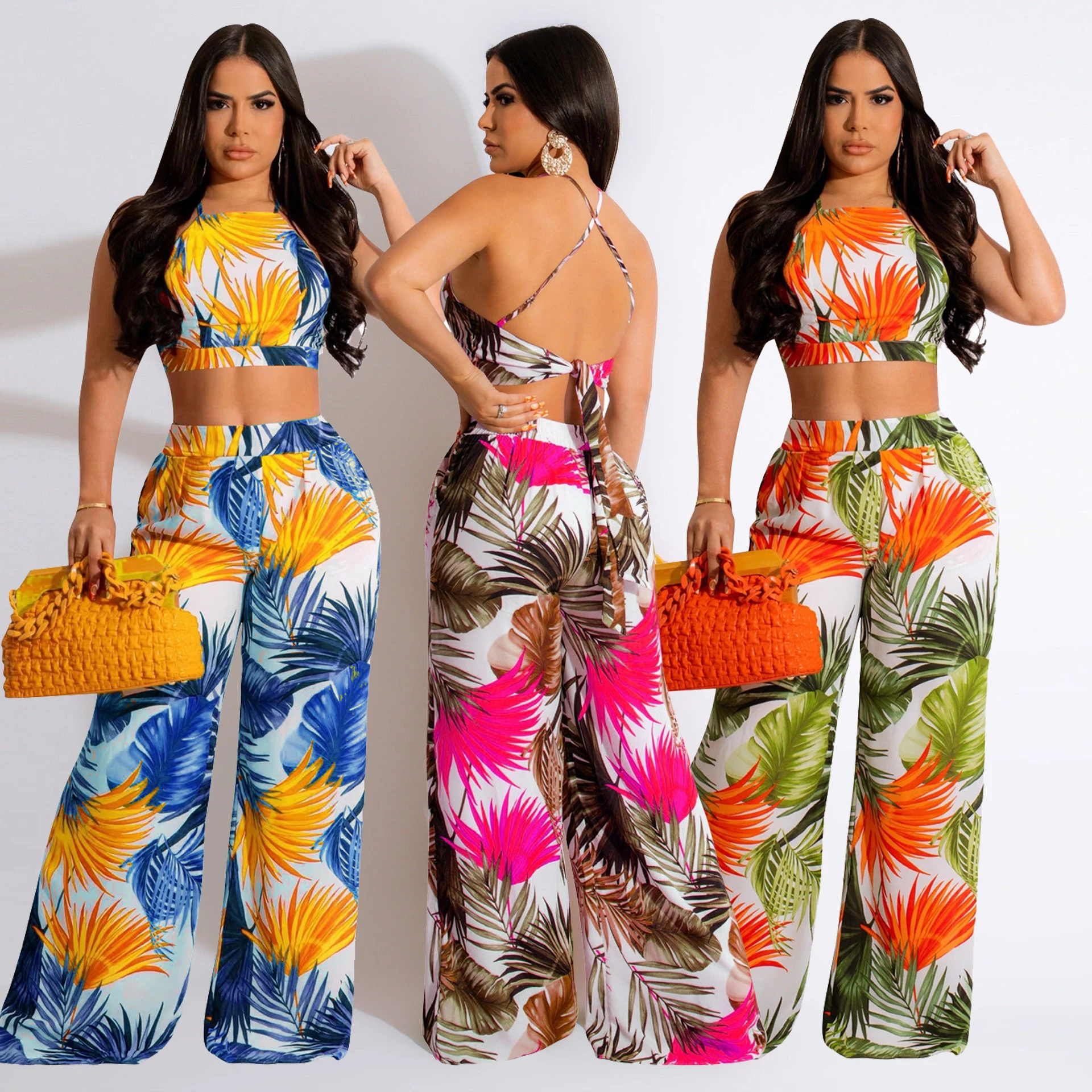 Crop Bandage Tops Two Piece Sets Sexy Wide Leg Pant Trousers Women Summer Clothing Elegant Beach Vacation 2 Piece Set Outfits