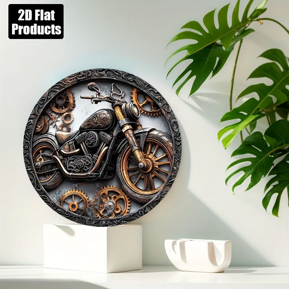 علامة معدنية عتيقة للدراجة النارية - فن دائري مسطح ثنائي الأبعاد مقاس 8 × 8 بوصة مع سلسلة وتروس، مثالية للبار/المنزل، هدية عيد الميلاد للراكبين #3