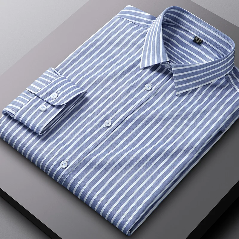 New in shirt striped lomg-sleeve shirts for men slim fit formal plain shirt soft england style office tops wrinkle free clothes