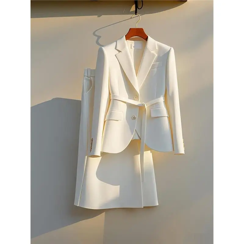 2024 Autumn New Women\'s Off White Two Piece Set Long Sleeve Notched Collar Office Blazer Top + High Waist Female Skirt Chic Suit