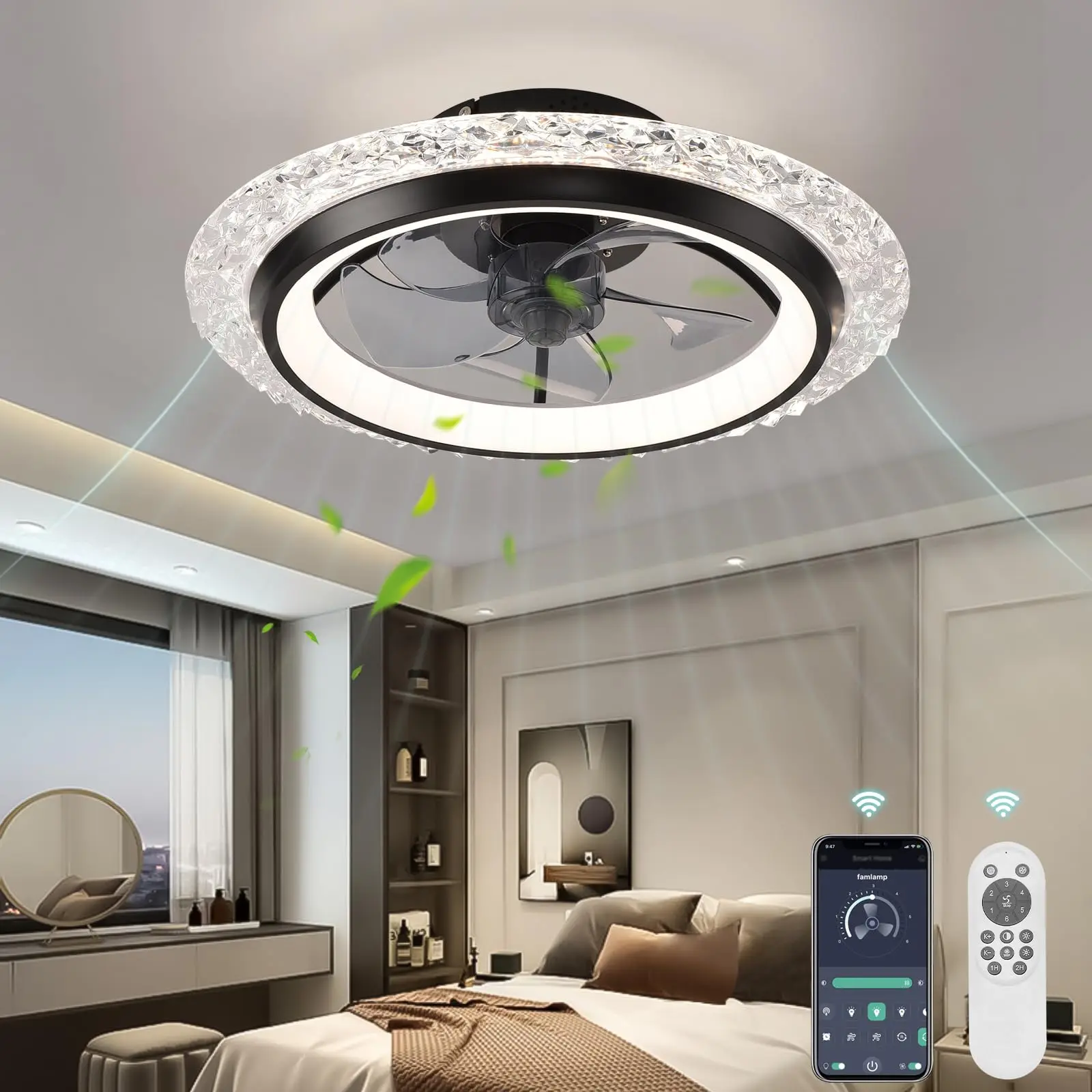 Cooling Fan for Room Restaurant Smart Remote Control Dimmable Ceiling Fan with Light Silent Timer Household Electric Fan Lamp
