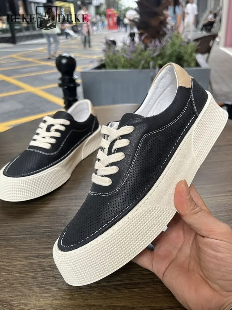 

Модная мужская повседневная одежда, дышащая однотонная повседневная обувь из натуральной кожи с круглым носком, универсальные кроссовки на платформе из воловьей кожи на шнуровке