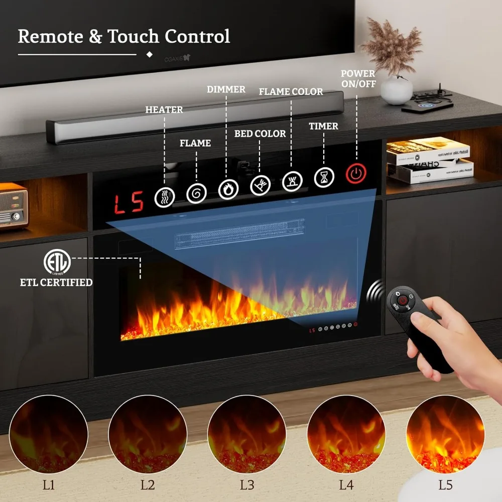 حامل تلفزيون أسود مقاس 70 بوصة مع مدفأة مدمجة ومخرج طاقة - مركز ترفيه لأجهزة التلفاز مقاس 75 بوصة وأكبر، بارتفاع 27 بوصة