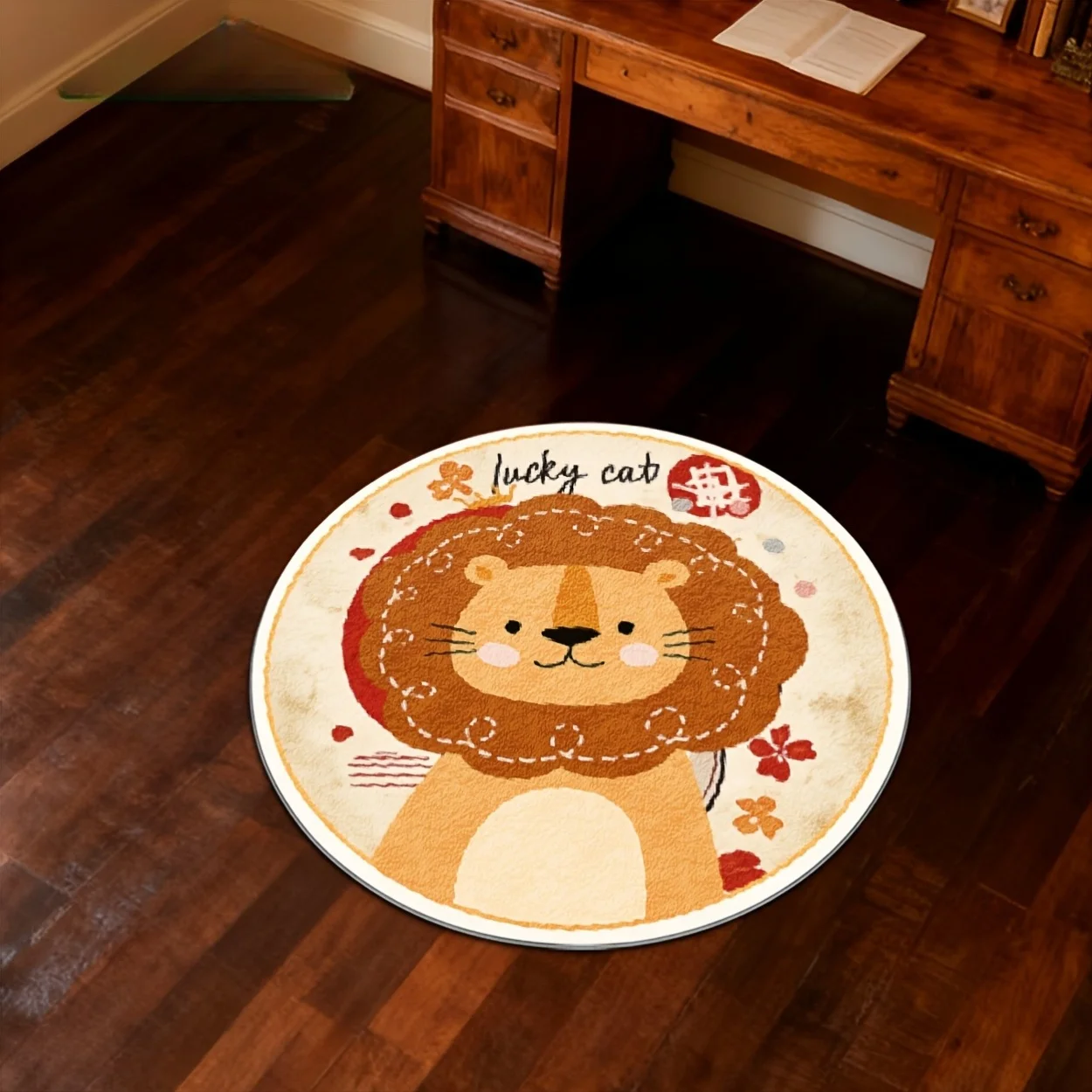 

White Round Doormat with Lion Pattern, Cute and Playful Style Home Decor Rug, Indoor/Outdoor Entrance Mat, Suitable for Bedroom,