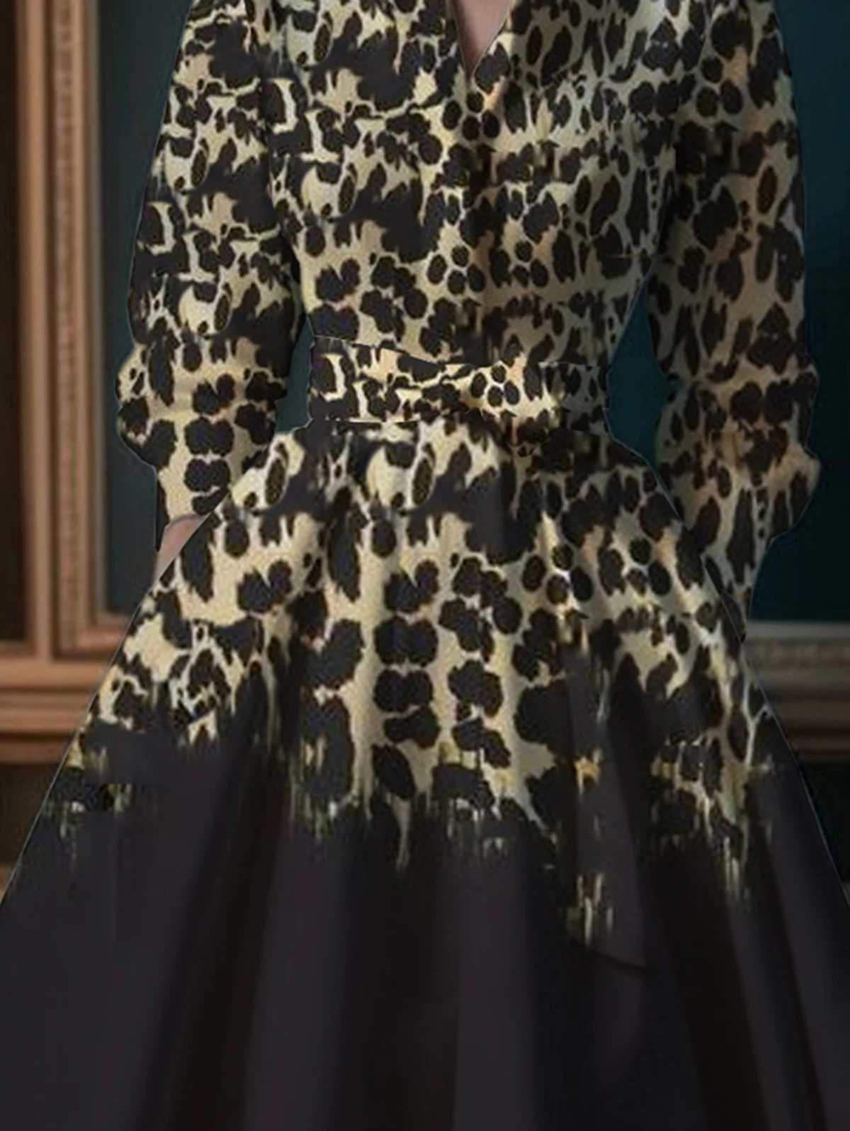 

Women's Retro Leopard Pattern Stand Collar A-Line Dress Long-Sleeved High-Waisted Slimming Fashion Elegant Party Maxi Dress