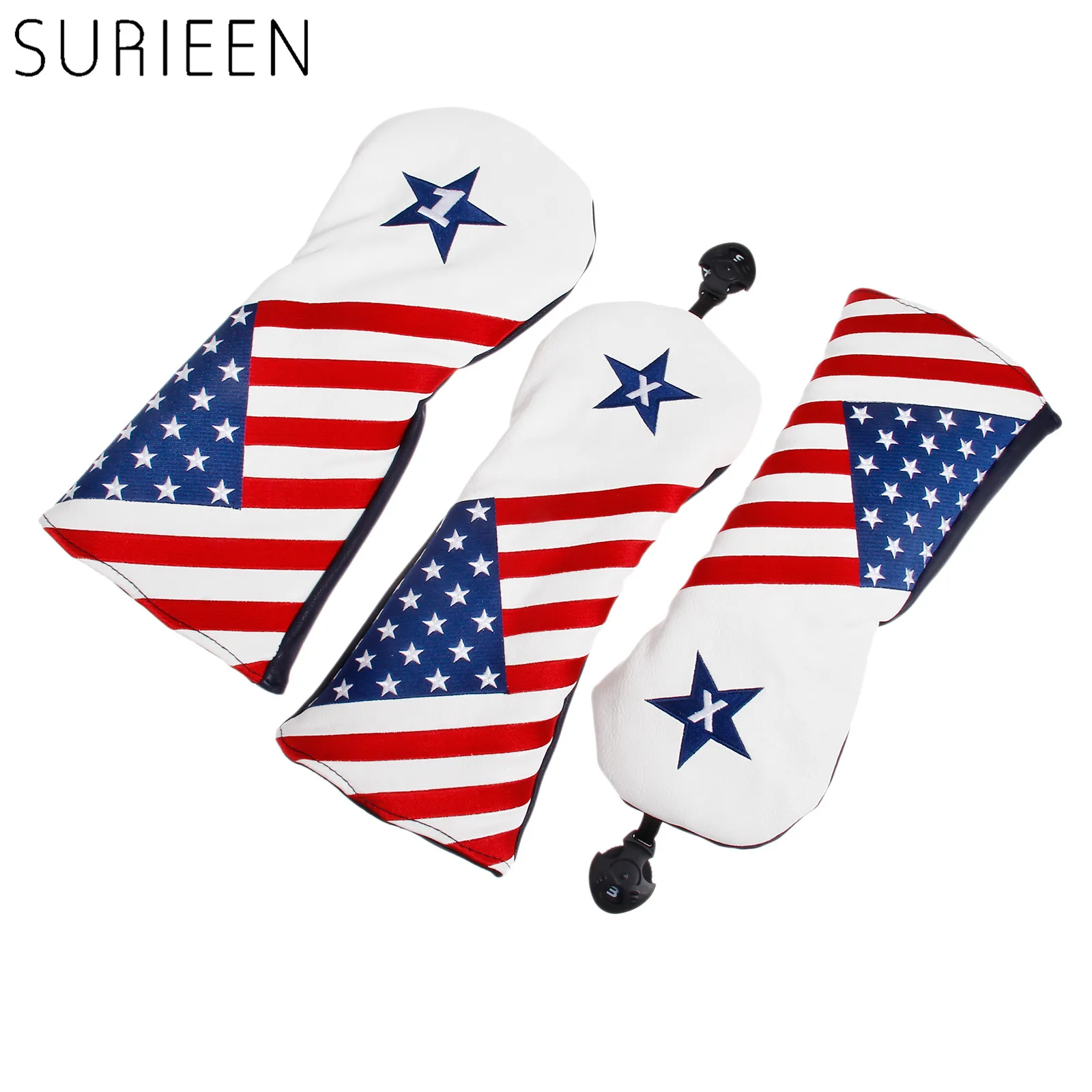 

3 Pcs PU Golf Wood Headcover With USA America Flag Style For 1 Golf Driver Cover & 2 Fairway Club Head Covers Golf Accessories
