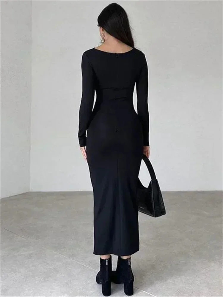 Robe plissée en Patchwork pour femmes, élégante, manches longues, couleur unie, Slim, taille haute, moulante, Maxi, mode automne 2023
