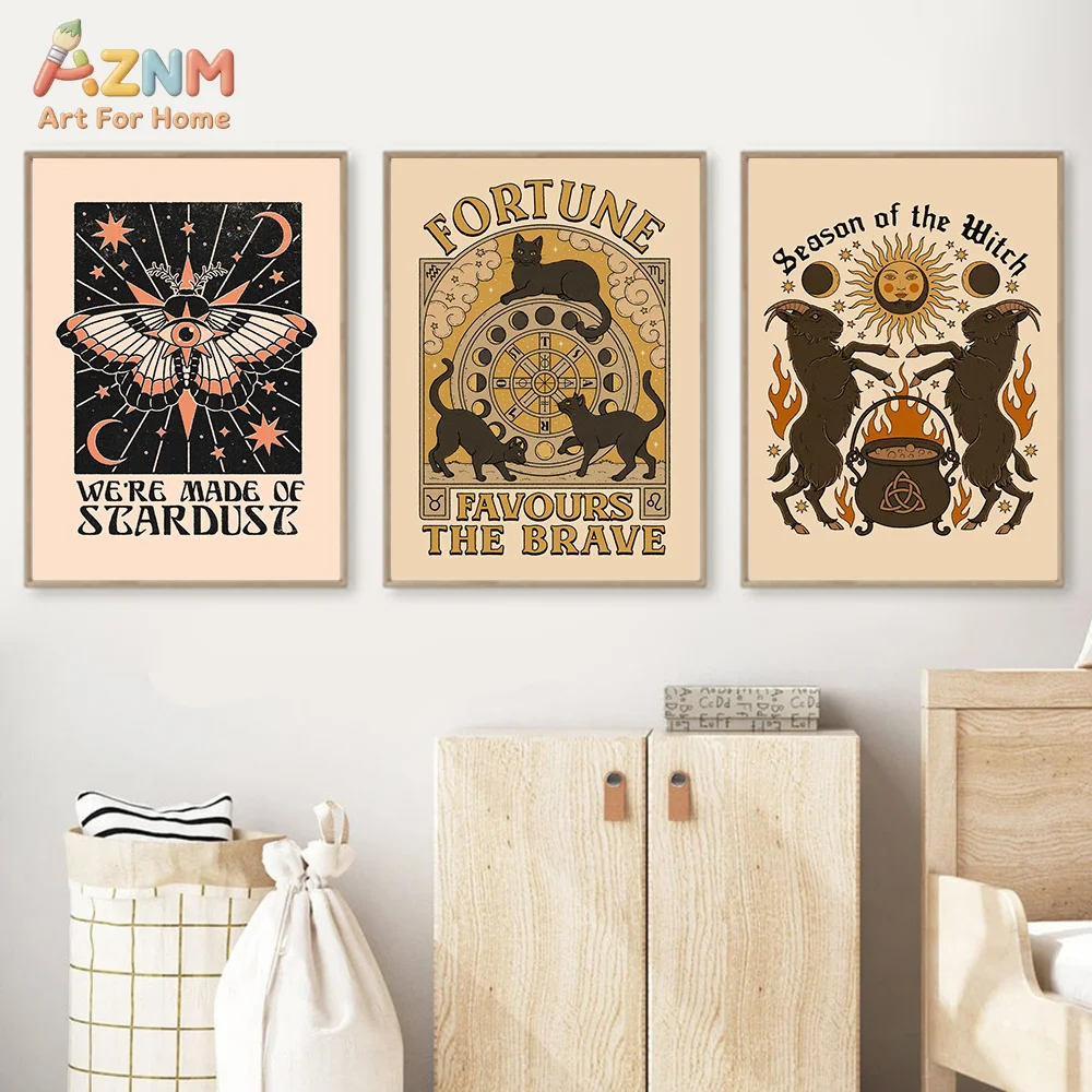 AZNM Vintage Tarot Black Cat Canvas Print Sun Moon Moth Mystic Witchy Retro Celestial Art Bohemian Bedroom Wall Decor Unframed C