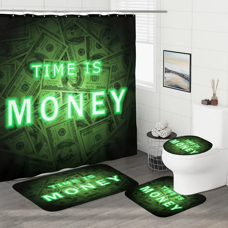 1/3/4PCs money slogans pattern digital printed waterproof shower curtain set with 12 plastic hooks, 72 