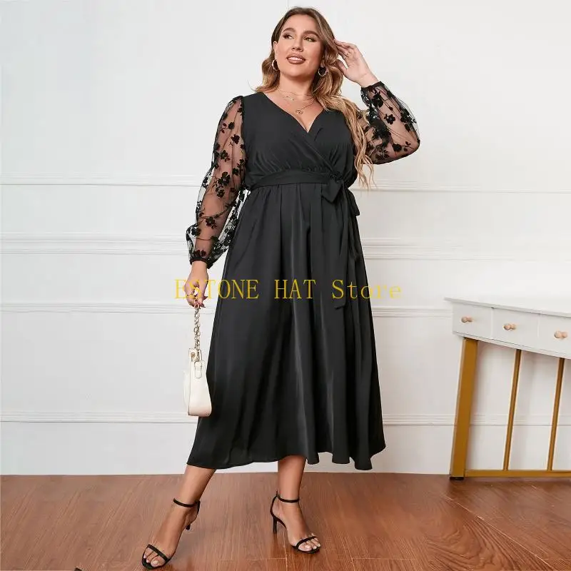 49MF Abito midi fluido da donna sexy in rete trasparente a maniche lunghe con scollo a V increspato e allacciatura laterale in