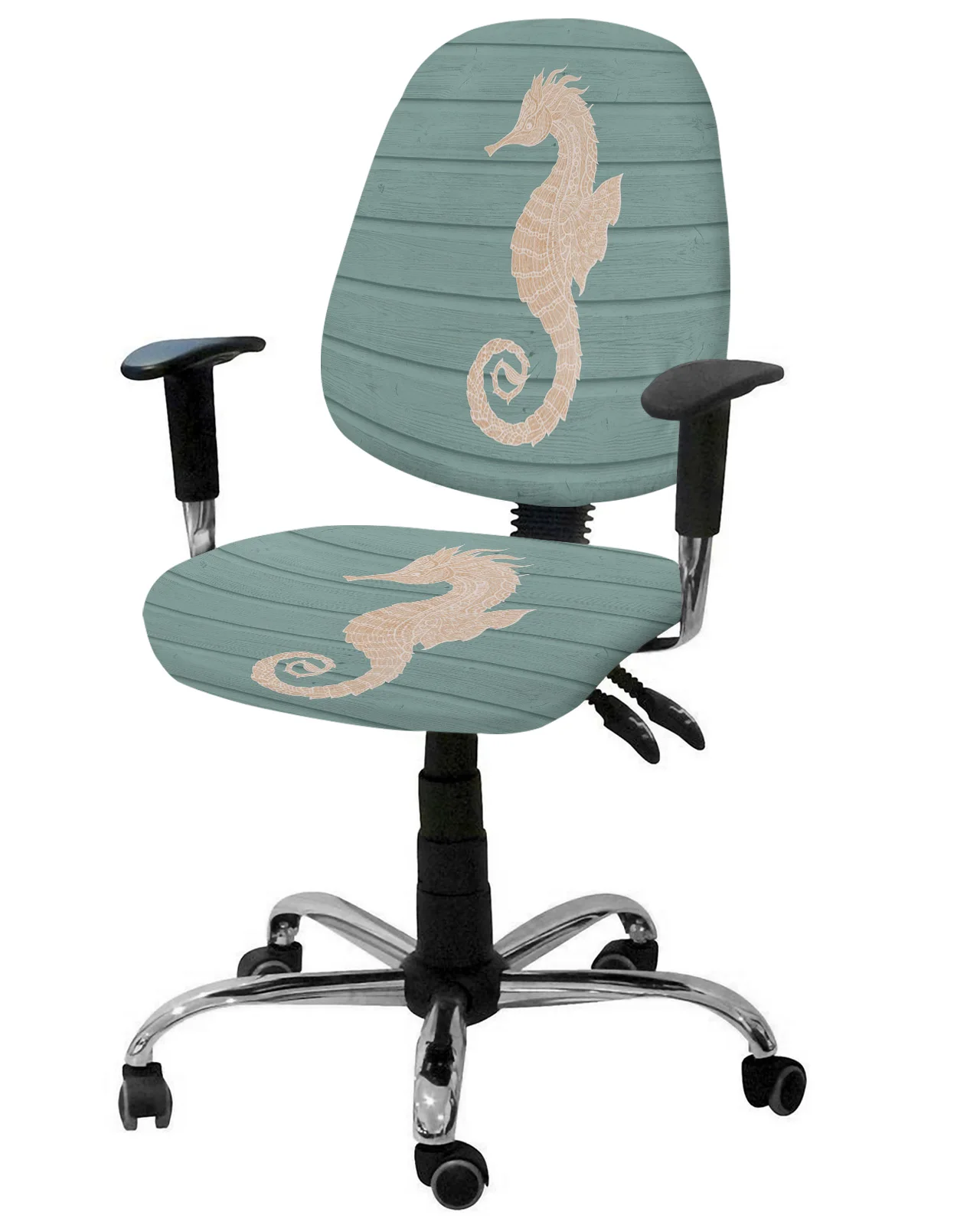 Seahorse Cyan Wooden Texture Elastic Armchair Computer Chair Cover Stretch Removable Office Chair Slipcover Split Seat Covers