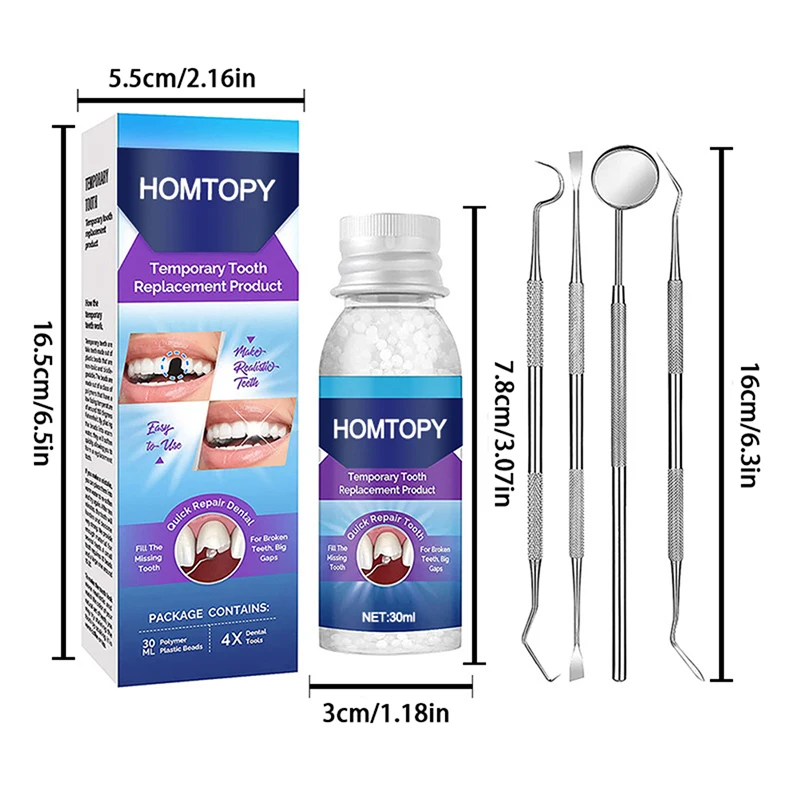 Kit de reparo dentário temporário Dentes falsos para dentes quebrados faltando cola sólida, prótese com espelho bucal, sonda