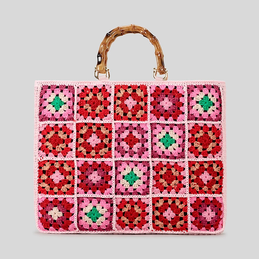 Fashion Granny Square Weave Women Handbags Behemian Knitting Bamboo Handle Large Tote Bag Candy Color Big Female Shopper Purses