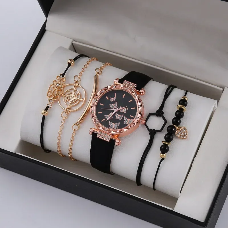 ساعة كوارتز غير رسمية بزهور للنساء ، سوار معصم ، جلد صناعي ، أنيق ، 6 بدون صندوق ، 5 ، 2 ، مجموعة واحدة