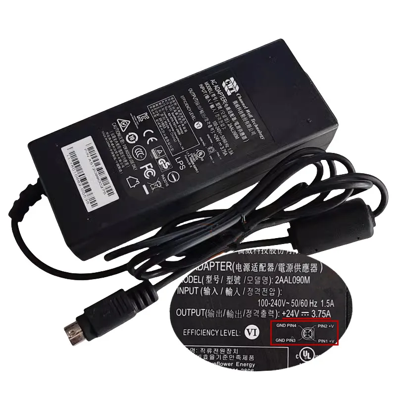 Original Channel Well Technology CWT AC Adapter Charger 24V 3.75A 90W 2AAL090M 4 Pin (Din) Power Supply Genuine 5.5*2.5mm