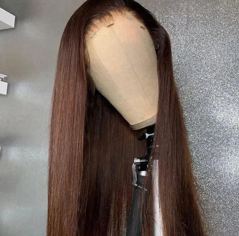 Long Straight T Lace Frontal Wigs Synthetic Hair Reddish brown Pre Plucked