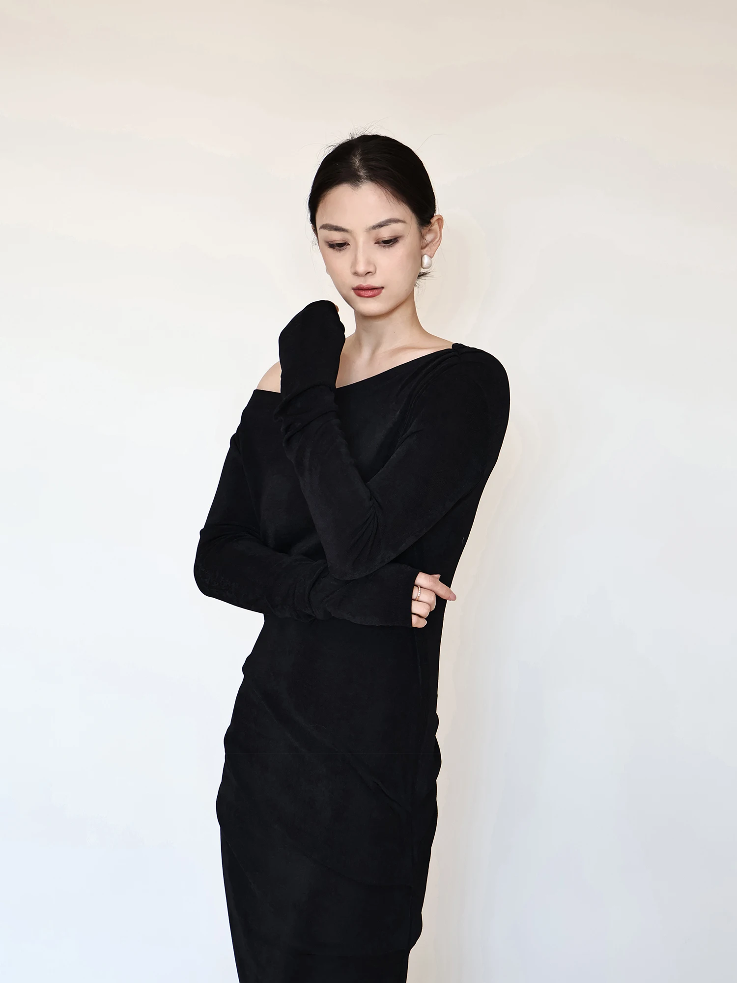 

Slimming Tapered Original Design Commute Pure Color Dstring Waist oulder Bared Dr Polyester Fiber High Elastici A-L...