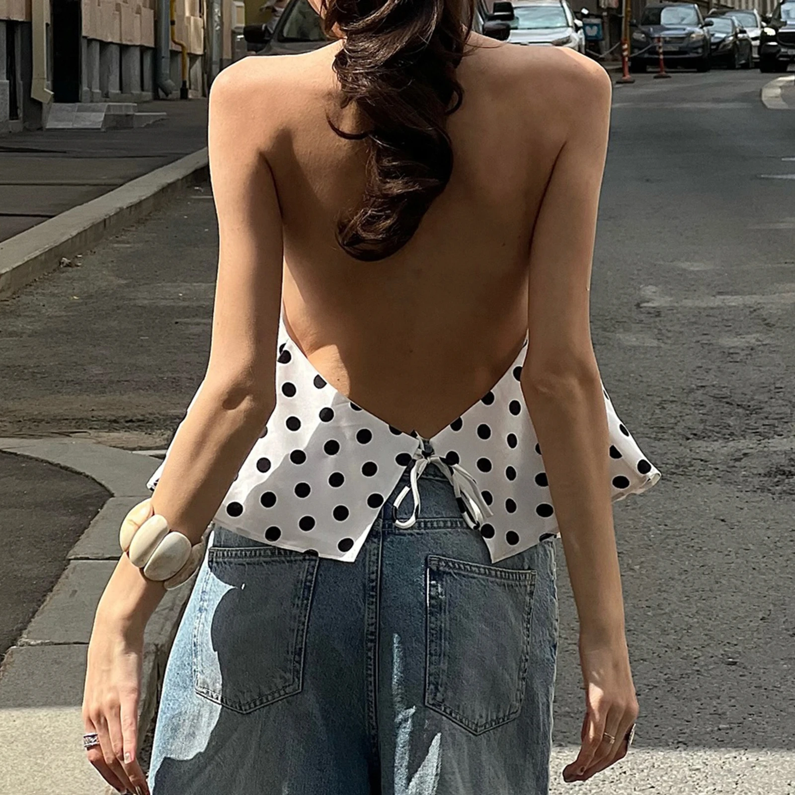 ผู้หญิง Halter TANK Tops Dot เปิดด้านหลังฤดูร้อนเสื้อกั๊กเสื้อสําหรับ Beach Vacation PARTY สวมใส่ทุกวัน Streetwear