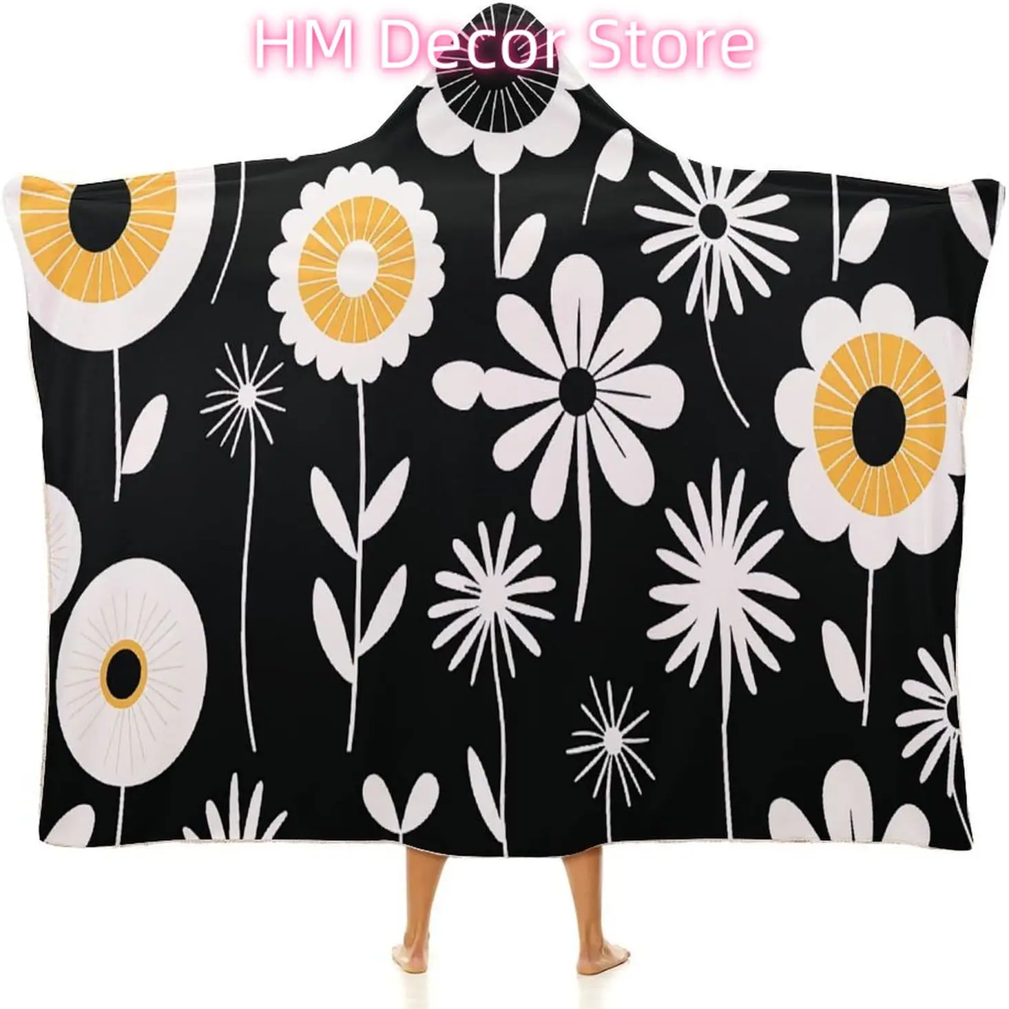 Simple Strokes of Flowers Wearable Hooded Blanket, Ultra Soft Arctic Velvet Cape Cloak Unisex - Cozy Wearable Blanket