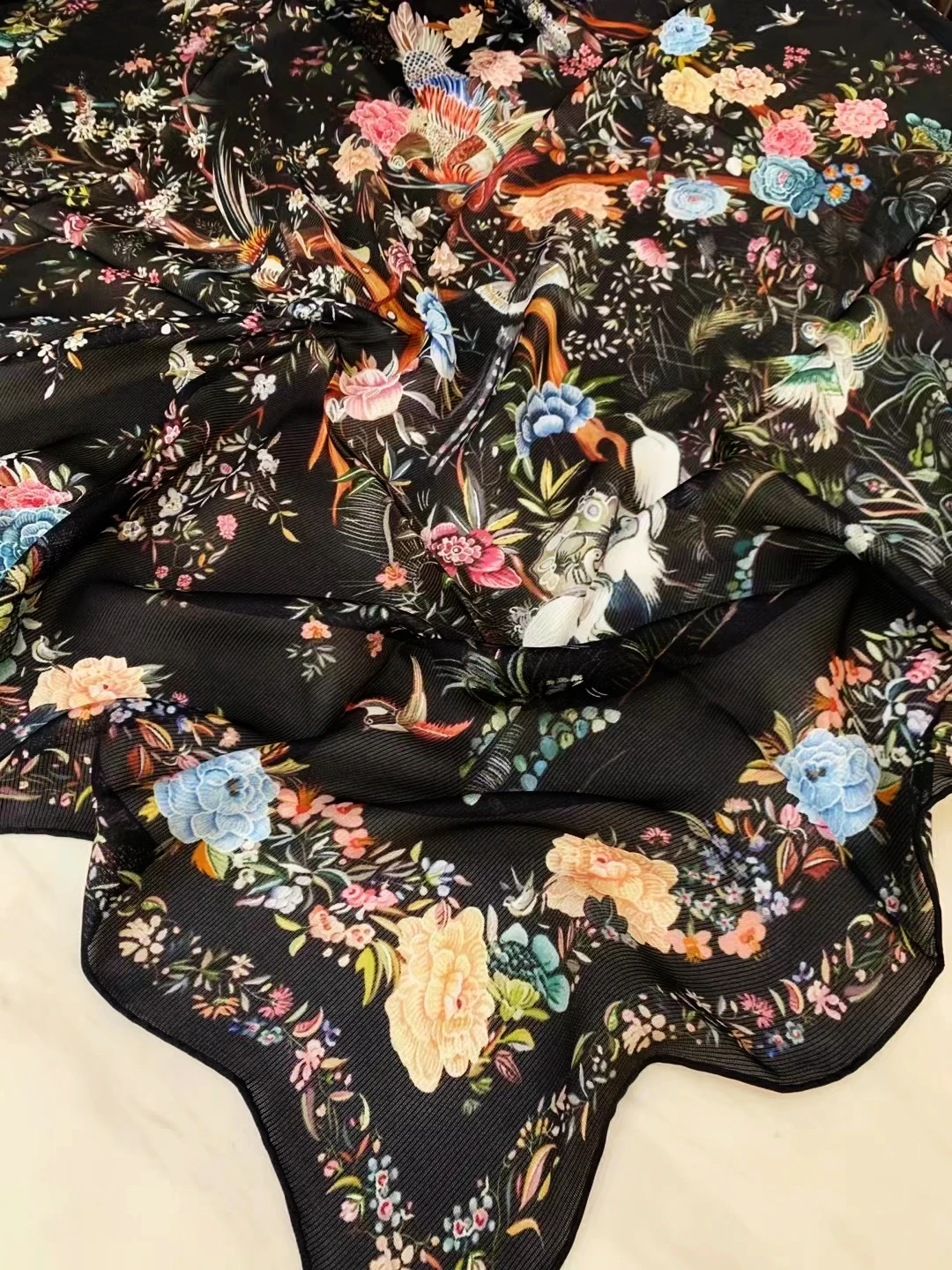 BYSIFA|Black Ladies 100% Silk Scarf Shawl Spring New Floral Square Scarves Winter Brand Pure Silk Scarf Cape Foulard 110*110cm