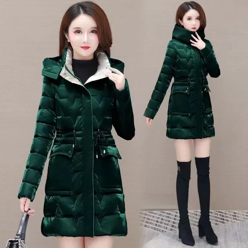 New 2024 Shiny Down Cotton Coat Women Korean Winter Thick Warm Long Hooded Parkas Female Casual Windproof Jackets Ladies Outerwe