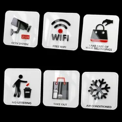 Segnali di avvertimento in acrilico impermeabile Wifi CCTV Icon Sign promemoria adesivo a forma di 3D per Home Office Store School Factory 12.8 x12.8cm