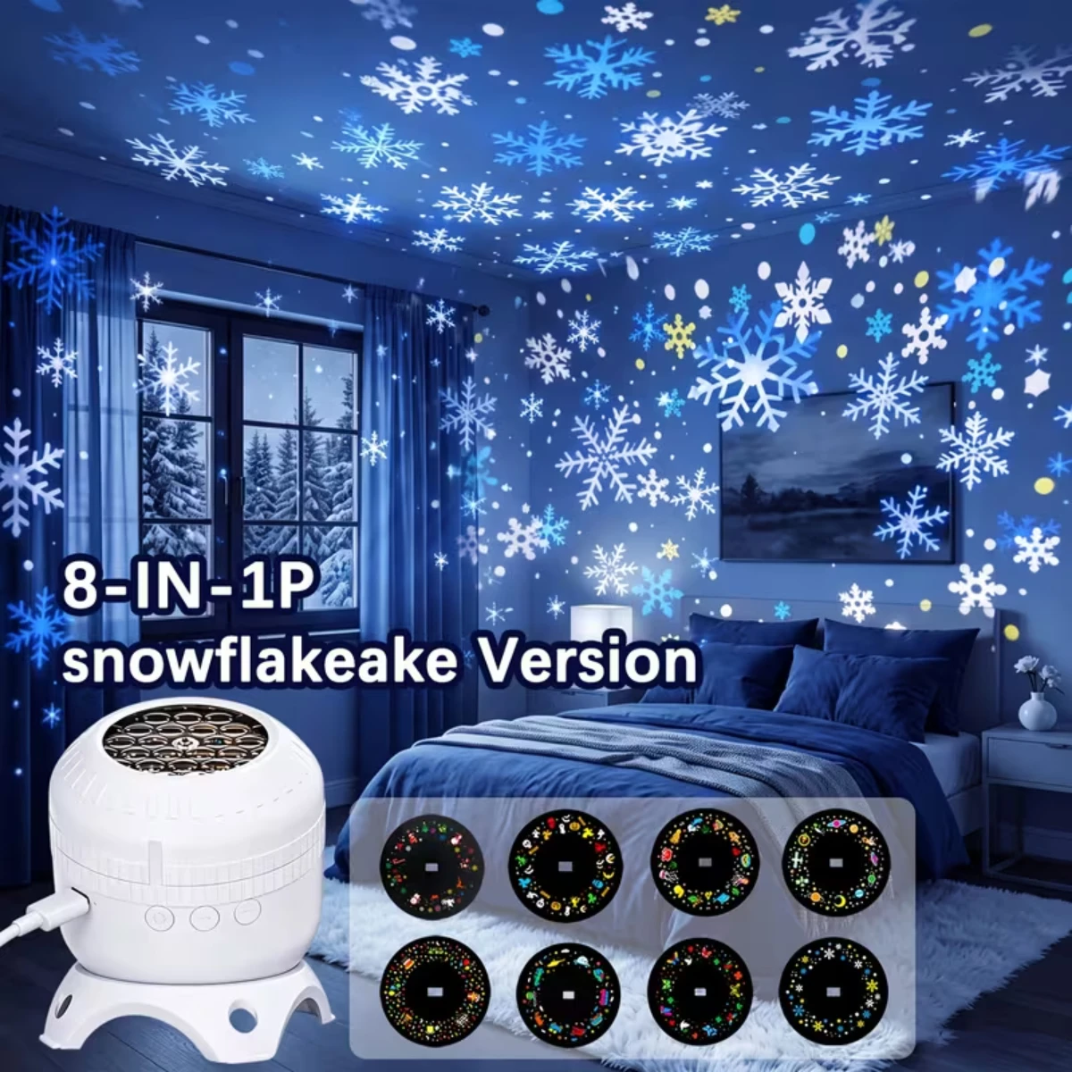 Christmas Projector Lamp Dynamic Rotating 8 Pattern Films Replaceable Snowflake Projection Light Home Xmas Party Decor Supplies