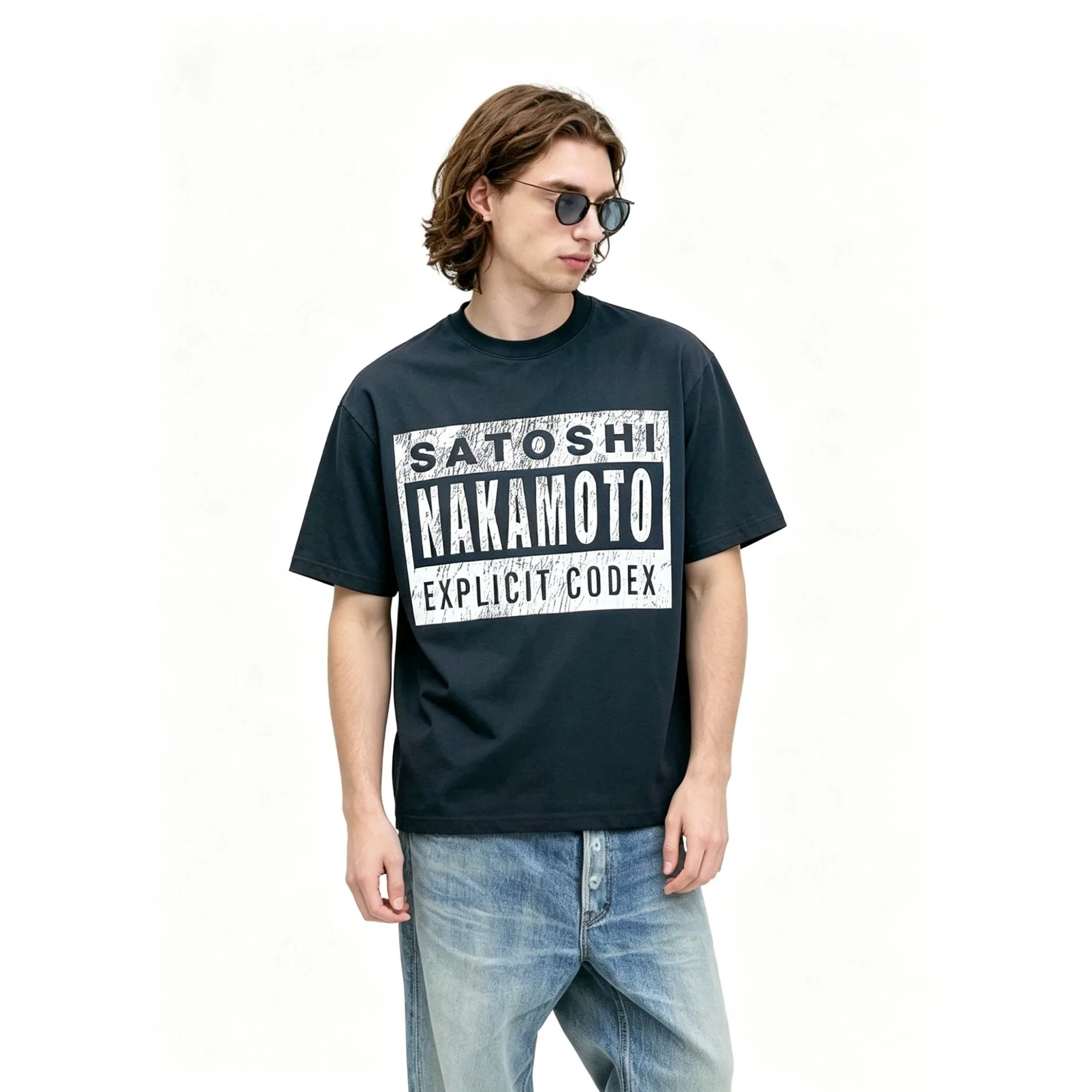 Satoshi Nakamoto new American street style retro washed and distressed worn-out loose pure cotton T-shirt